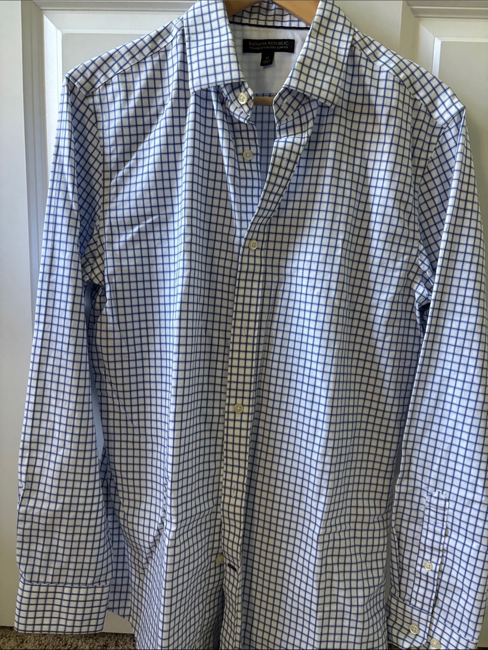 Banana Republic Men's White Shirt with Blue Windowpane Check